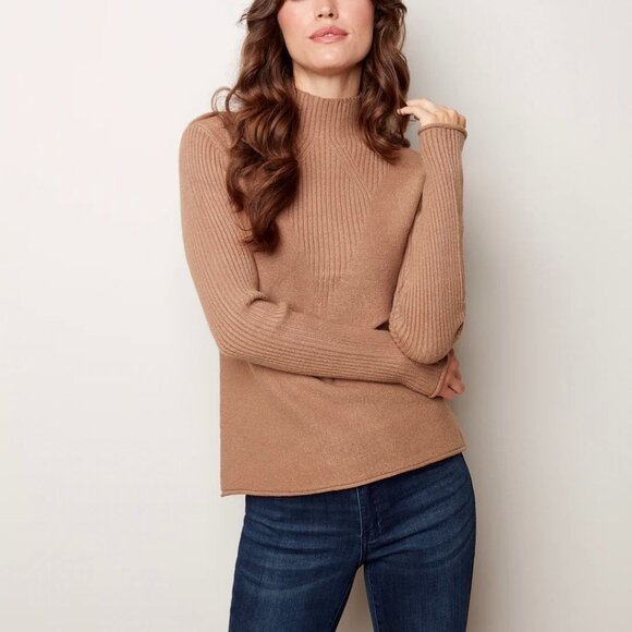 CHARLIE B Sweaters - Ribbed Knit Camel Sweater For Women Turtleneck Style By Charlie B Size Tall/XXL